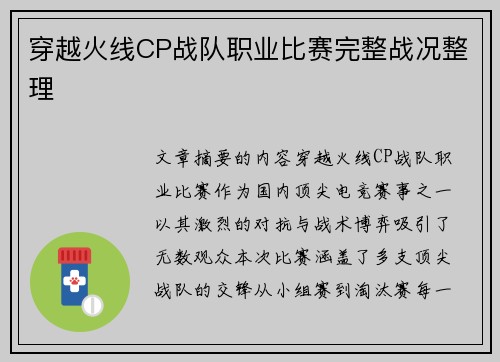 穿越火线CP战队职业比赛完整战况整理