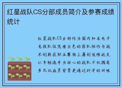 红星战队CS分部成员简介及参赛成绩统计